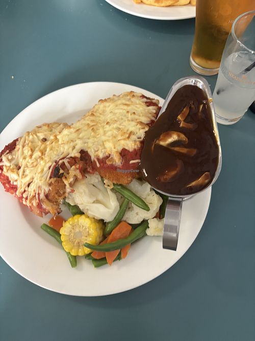 Vegan parmi with mushroom gravy and veggies minus the mash as it has milk   at Cygnet Hotel in Cygnet