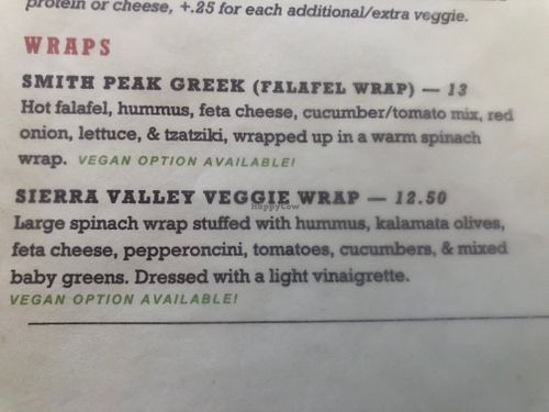 Vegan friendly section of menu at Headwaters Bistro & Deli in Portola