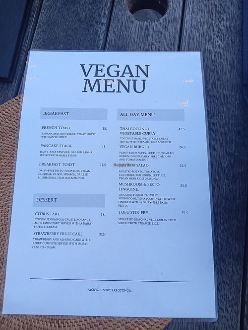Menu con opzioni vegane at Sandals Restaurant - Pacific Resort Rarotonga in Rarotonga