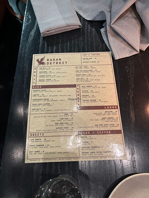 menu- nothing on menu straight vegan but with talking to staff the chefs were very accommadating   at Basan in Detroit