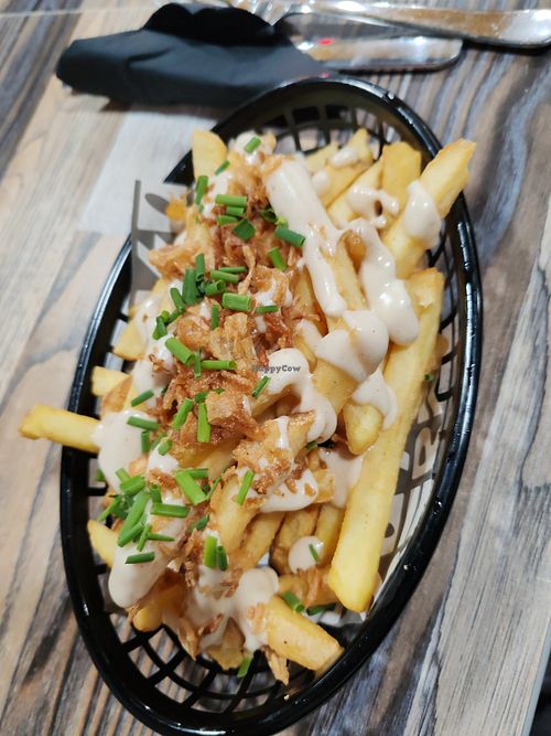 Awesome vegan loaded fries at Pure Bliss Burgers in Rugby