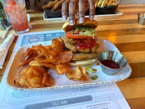 Fried vegan sandwich with bbq chips at Chef Art Smith's Homecomin' in Lake Buena Vista