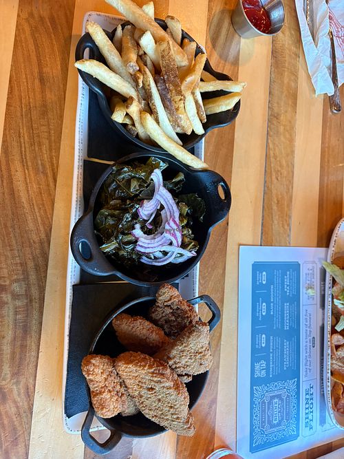 Kitchen plate
With vegan chicken 
Kale & collards 
Fries at Chef Art Smith's Homecomin' in Lake Buena Vista