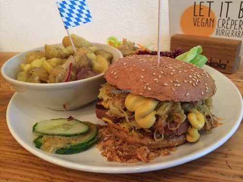 Wies'n Burger - Special Burger during Oktoberfest!
Bavarian vegan meatloaf, sauerkraut, fried onions, swet or spicey mustard, pretzels.  at Let It Be in Berlin