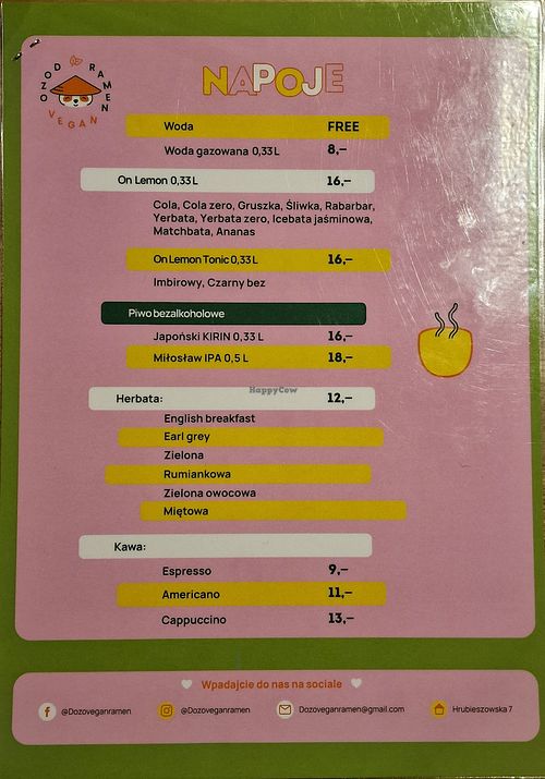 Napoje menu at Dozo Vegan Ramen - Hrubieszowska in Warsaw