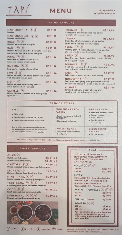 English menu at Tapí Tapioca - Loja Centro  in Rio De Janeiro