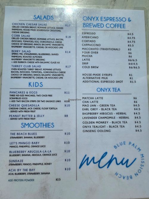 Menu at Blue Palm Mission Beach in San Diego