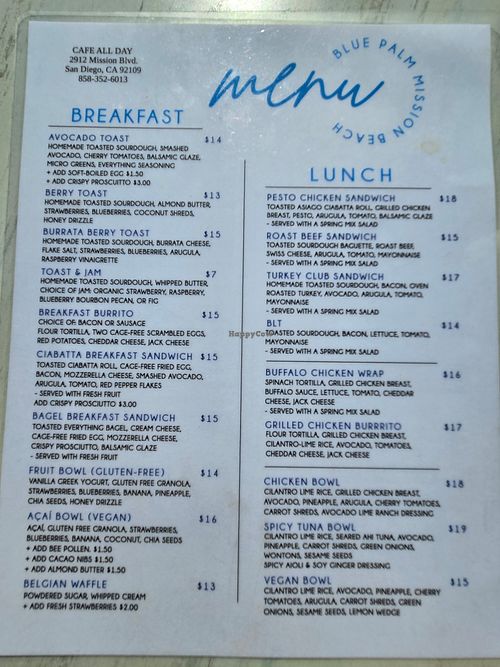 Menu at Blue Palm Mission Beach in San Diego