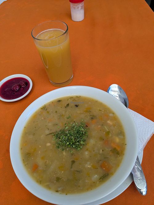 Corn veggie soup, juice, raspberry dessert at Viva Sano in Floridablanca