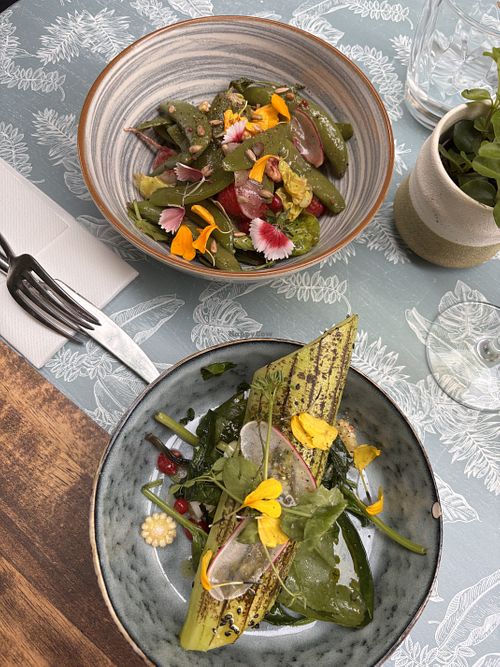 Starters: Flambé cucumber and peas salad   at Thym Et Romarin in Montpellier