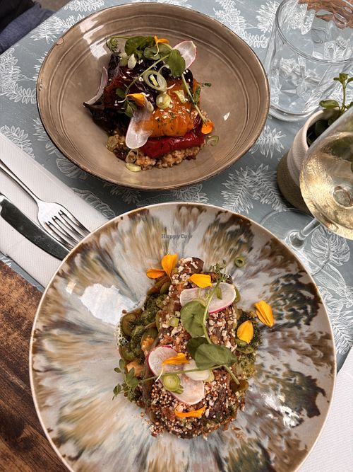 Mains: peppers with fregola sarda, breaded eggplant with fava beans- delicious!  at Thym Et Romarin in Montpellier