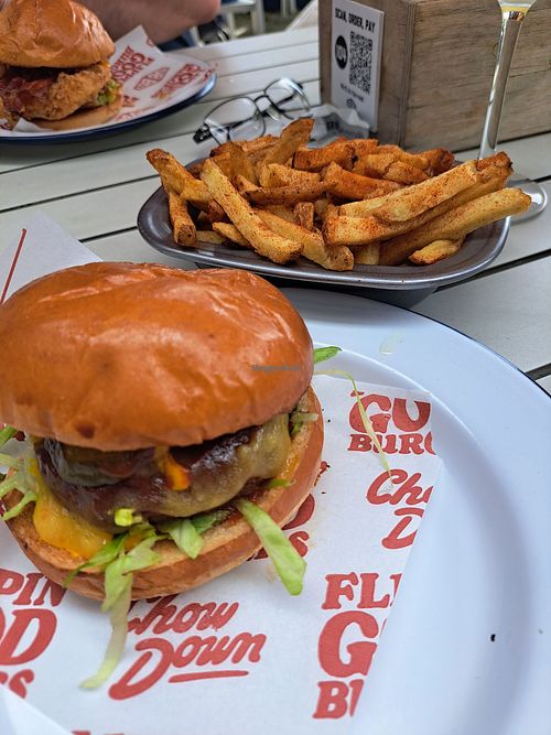 Vegan beef burger and spicy fries at Hub Box in Cardiff