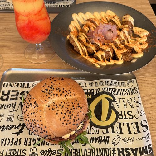 Vegan No Beef Burger and Crispy Tandoori Fritters  at Dedos in Tenerife
