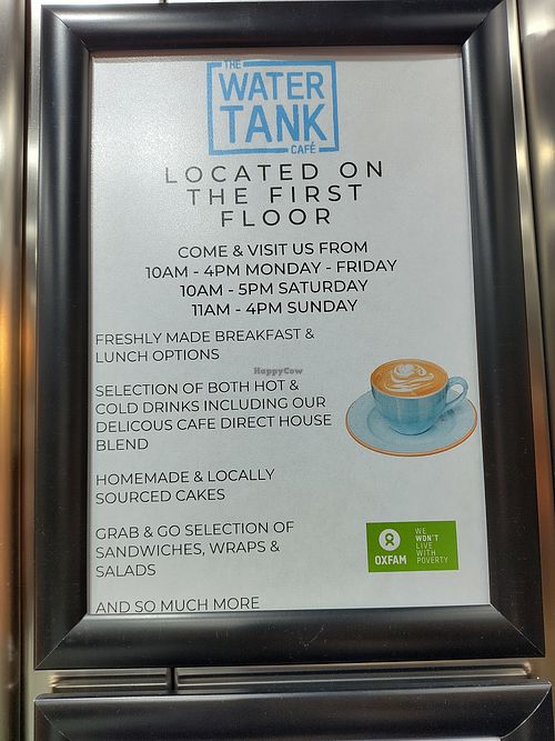 Opening hours at Water Tank Cafe - Oxfam Superstore Manchester in Manchester