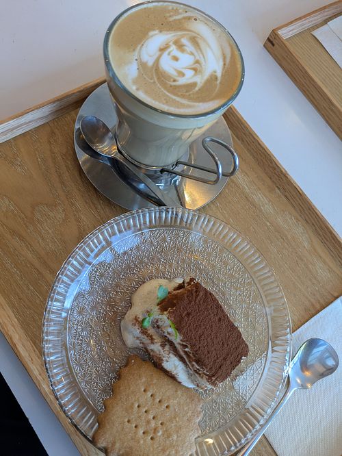 Great dessert with a soy latte and a tiramisu (not vegan) at Drive-in Sokesh -ドライブインソーケシュ in Kimobetsu