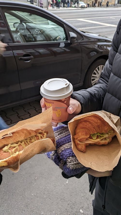 vegan hotdog croissant + vegan croissant with cheese, ham and lettuce + vegan hot choc at La Croissanteria in Plzen