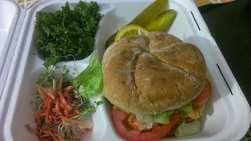 Breaded vegan fish sandwich on a kaiser roll with side of sweet marinated kale salad at Green Vegetarian Cuisine in Houston