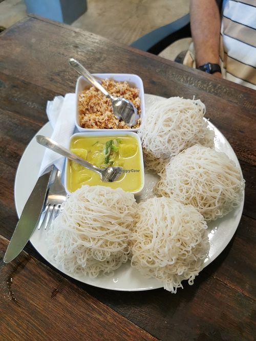 String Hoppers with potato curry and coconut sambol at Hungry Puppet Ahangama in Ahangama
