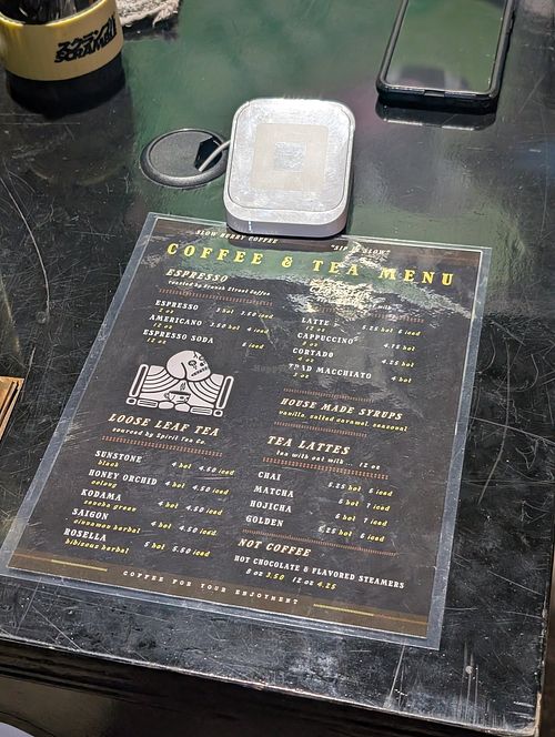 The menu at Slow Hurry Coffee in Youngstown