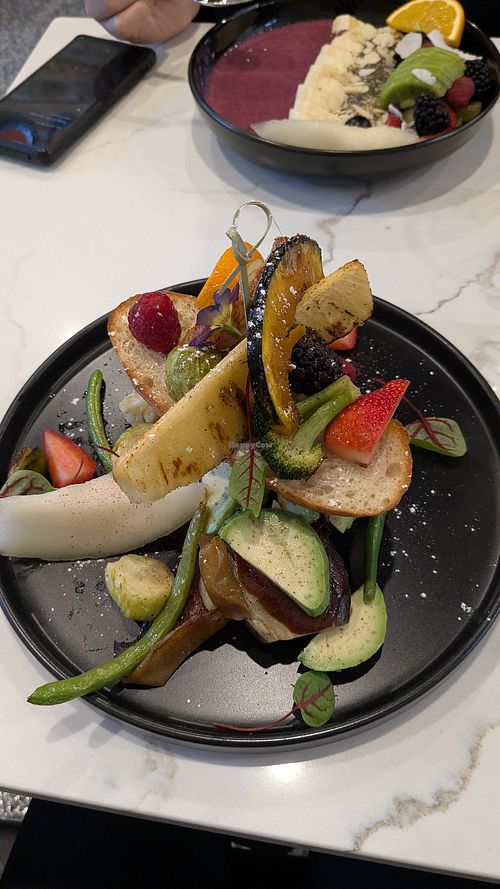 Veggie Fiesta (toast with avocado, eggplant and house-made sauce, variety of fruits/veg) at Banette in New Westminster