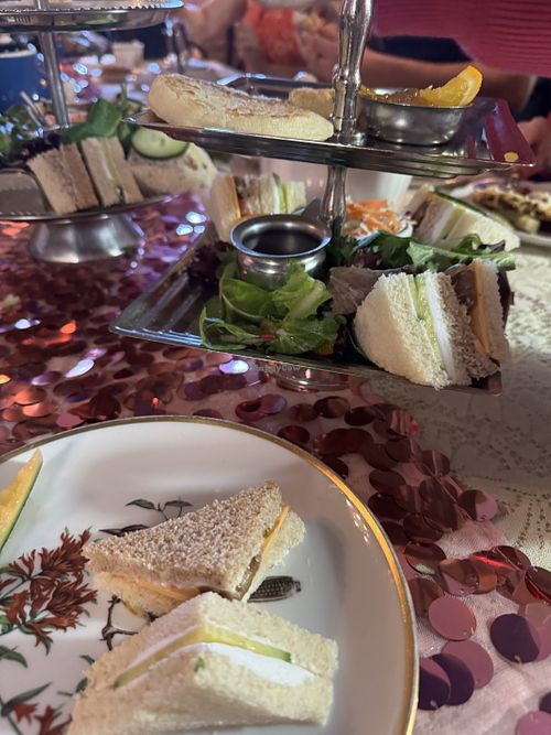 Vegan cheddar + tomato, vegan cream cheese and cucumber sandwiches. Vegan crumpets  at Lovejoy's Tea Room in San Francisco