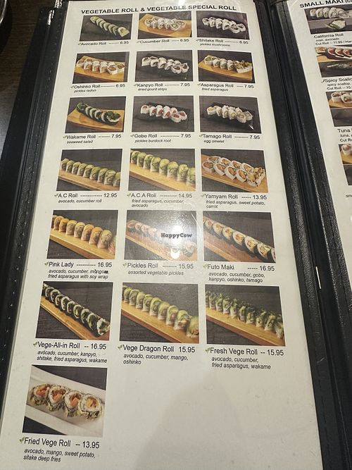 Menu page with lots of options  at Sushi Luma in Petaluma