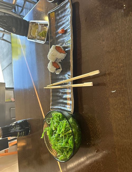 Burdock root/pickles roll w/no-fish sauce wakame salad  at Sushi Luma in Petaluma