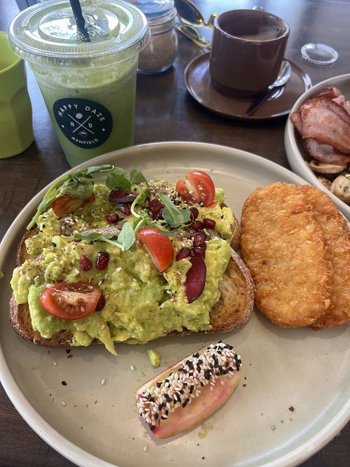 Vegan avocado toast and hash browns   at Happy Daze Cafe in Ashfield