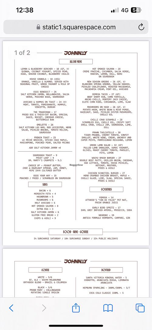 Menu  at Johnny Alloo in Ballarat