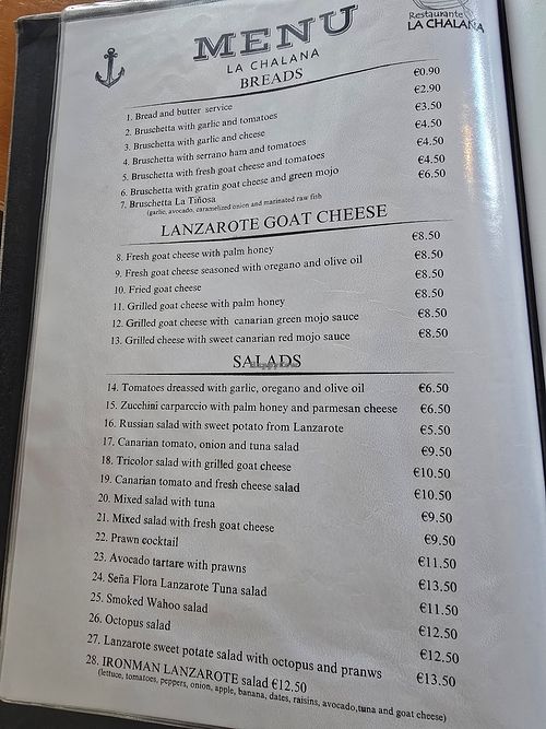 Menu at Restaurante La Chalana (The Flatboat) in Lanzarote