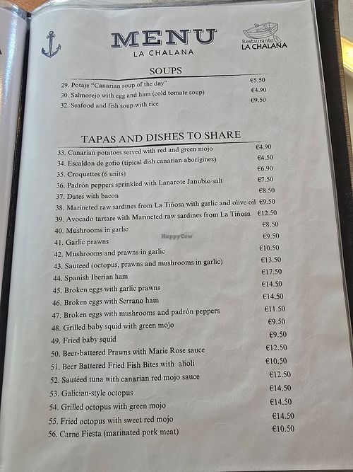 Menu at Restaurante La Chalana (The Flatboat) in Lanzarote
