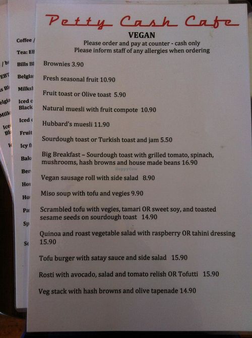 Vegan menu, as at December 2013 at Petty Cash Cafe in Marrickville