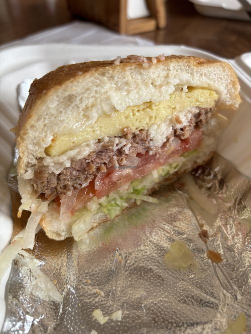 Vegan breakfast burger (after I cooked the burger more at home)  #Veganuary at Deerpath Bagels & Burgers in Hamilton Township