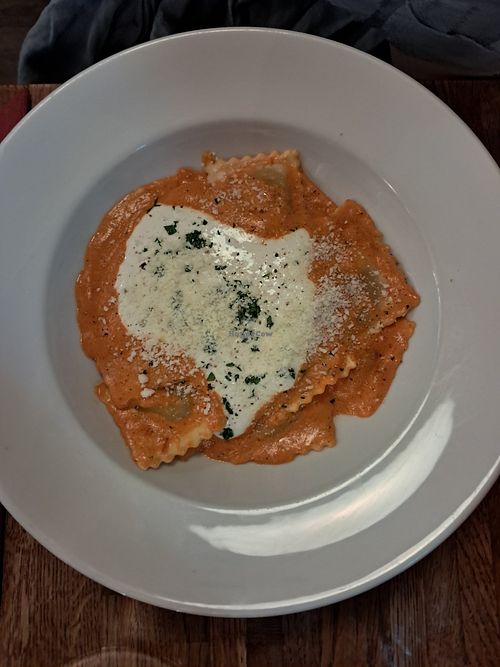 Ravioli with red bell pepper sauce at Sora Diana in Edinburgh
