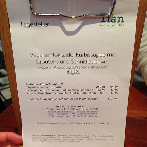 New menu 1 at TIAN Bistro Kunsthaus in Vienna