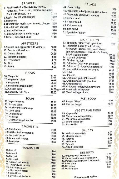 Menu at Fleur  in Kutaisi