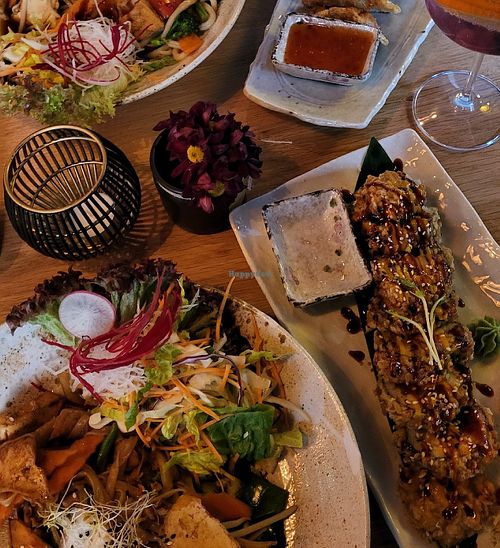 Vegan rice noodle dish and Vegan tempura rolls at MISAKI Restaurant in Pforzheim