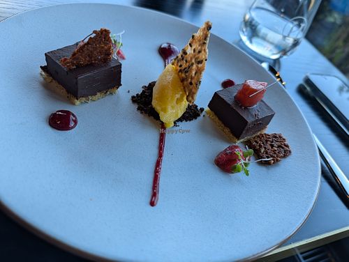 Vegan chocolate tart, bitter chocolate crumbs, peach & wild berry compote, mixed berry
fluid gel, salted almond tuille, mandarin sorbet at Panorama Room in Mt Cook