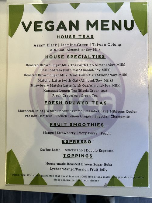 Vegan Menu!  at Latea Bubble Tea in Lone Tree