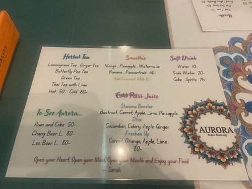 Drink  menu  at Aurora Vegan Khao Soi Restaurant in Pai
