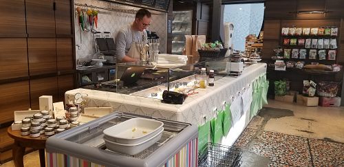 The counter used to be a real butcher counter with scale at Hiltl Vegimetzg in Zurich