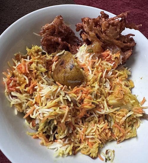 Vegan Vegetable Dum Biryani and Onion Bajjis    at Bhavi's Kitchen in Corby