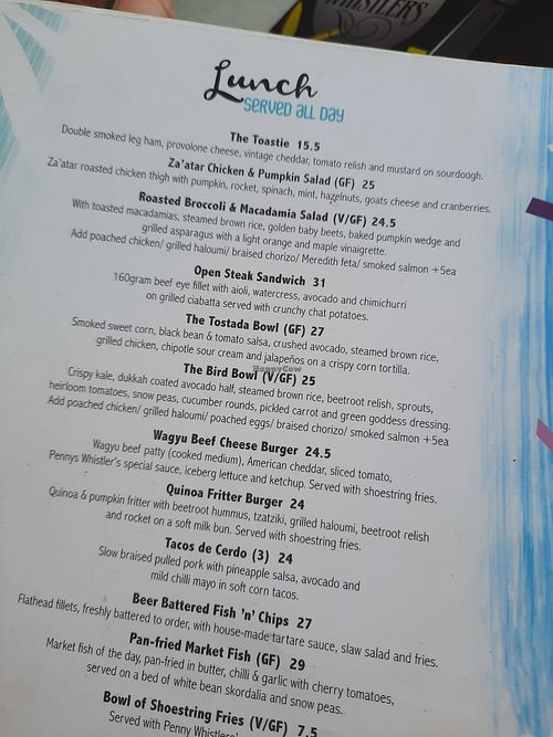 All day lunch menu 18 Jan 2025 at Penny Whistlers in Kiama