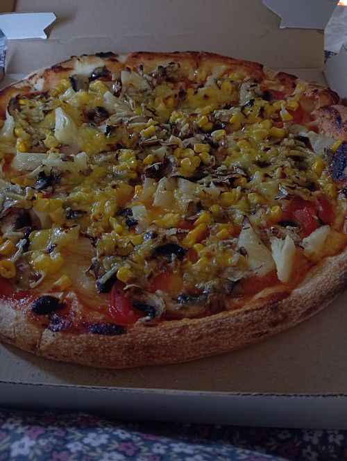 Pizza with olives, pineapple, corn, tomatoes and mushrooms at JVS Pizza in Zabreh