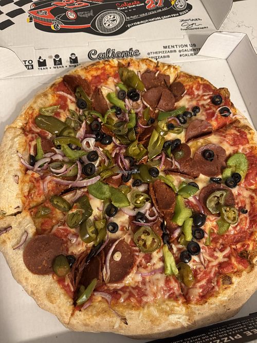Grandpa garden with vegan cheese and pepperoni (size large)   at Caliente Pizza & Drafthouse  in Pittsburgh