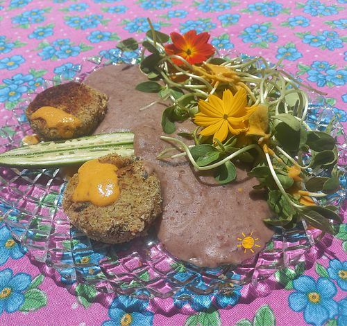 Menu solar burguer sementes de jaca com castanhas e coco, purê de feijão vinagre com Keith de coco e farinha pubada de macaxeira. Creme de tucumã,  brotos e flores do quintal. # at Tribo do Sol in Alter Do Chao