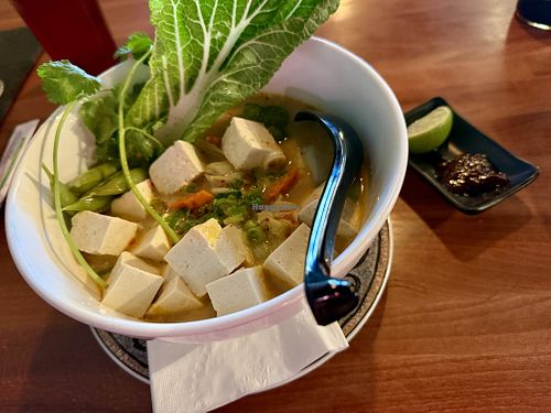Vegan tom ka ramen (rice noodle) with veg and tofu   at Sushi Thai in Buena Vista