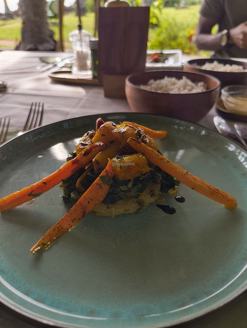 Carrot and pumpkin melange with breadfruit and potato rosti #Veganuary at Fahari Off The Grid in Zanzibar