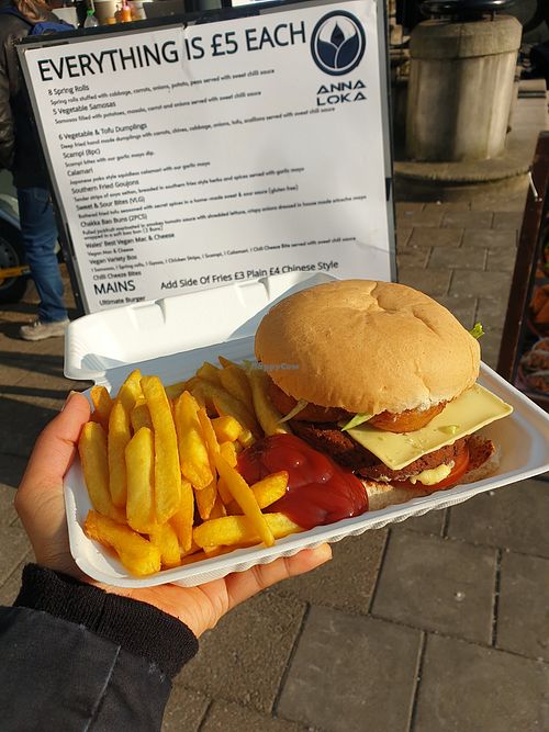 Rodeo burger and chips just £8 delicious 😋  and sooo filling. at Anna Loka Food Truck  in Cardiff