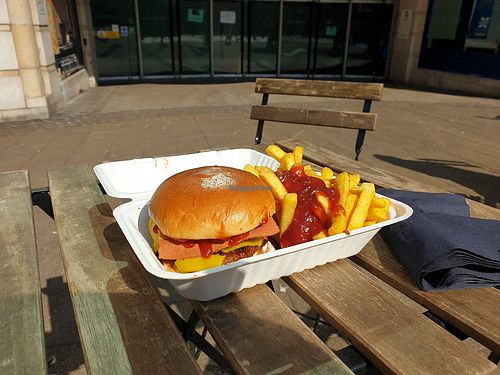 Analoka's Bar Boy Burger with homemade mushroom soy patty, facon, stir fried onions & mushrooms, tomatoes sause and mayo with Chinese style seasoned chips. at Anna Loka Food Truck  in Cardiff